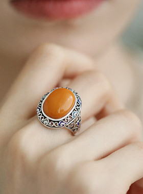 足银999蛋面烧蓝复古琥珀蜜蜡镂空祥云戒指民族风时尚指环女饰品