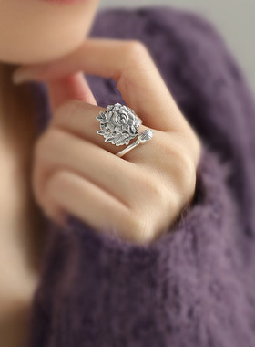 足银复古国色天香牡丹花开口戒指女小众设计新中式高级感指环饰品