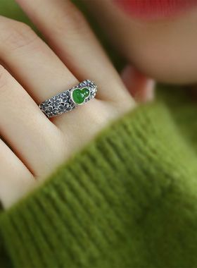 戒指女S925纯银新中式碧玉