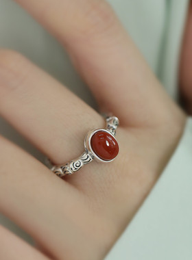 925纯银竹节南红玛瑙戒指2024年国风中式小众可调节指环百搭饰品