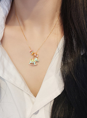 马上有钱925银珐琅蓝色木马项链女锁骨链女轻奢高级感25年链子