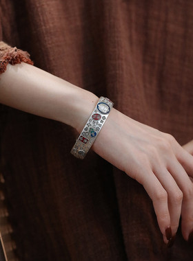 足银999复古珐琅黄财神吉言复古风手镯女小众印花民族风实心镯子