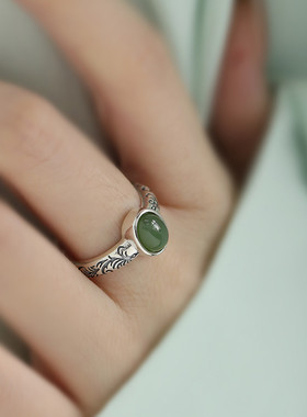 925纯银唐草纹和田玉碧玉戒指时尚百搭民族风可调节指环个性饰品