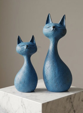 蓝色猫咪摆件一对可爱客厅桌面