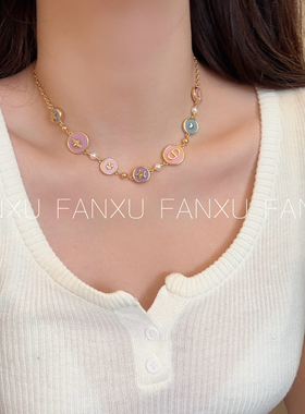 FANXU CD家法式蜂蜜糖果项链彩色珐琅小圆盘珍珠五花金色字母手链