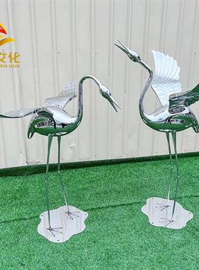 现货不锈钢仙鹤雕塑草坪园林景观售楼部广场装饰金属工艺落地摆件