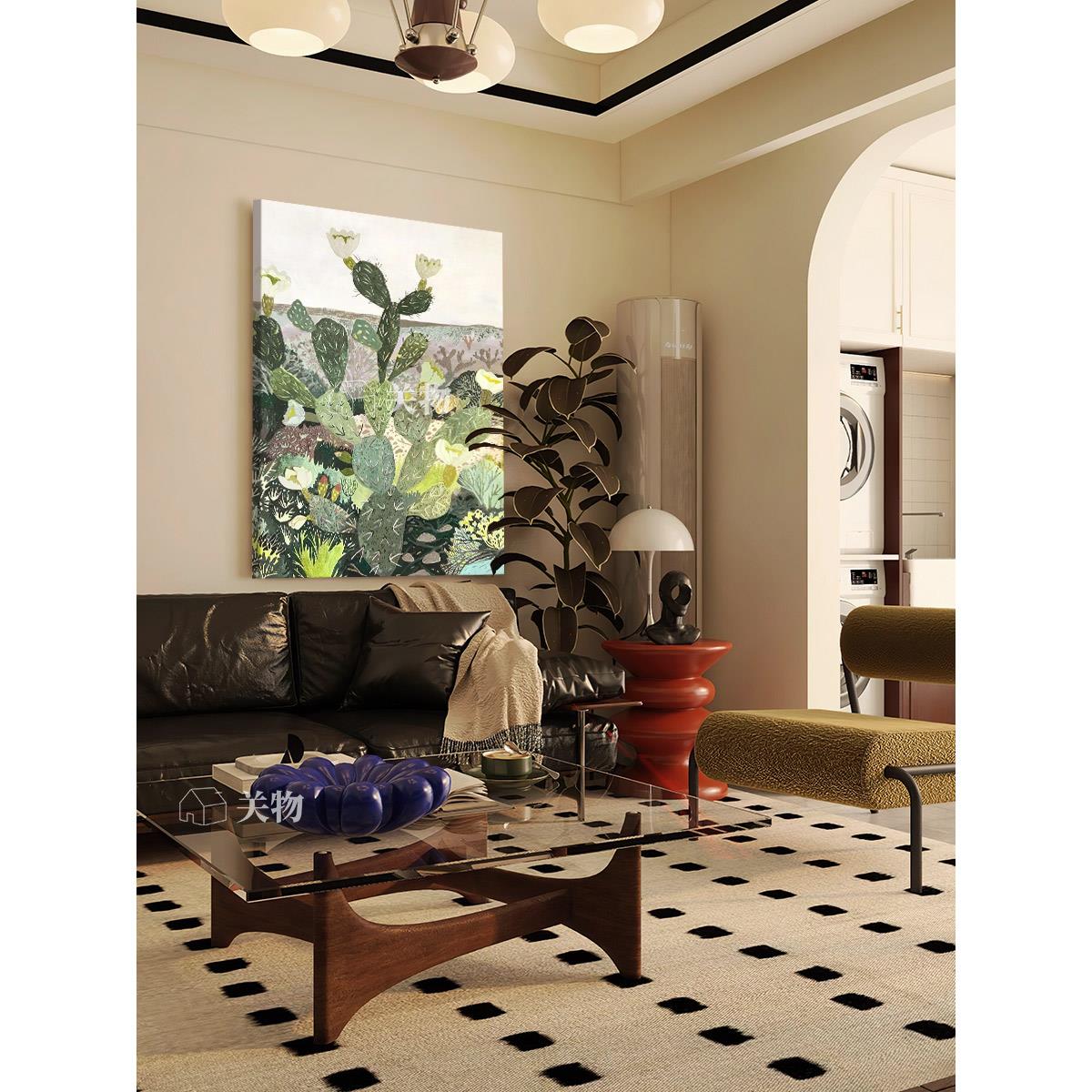 法式仙人掌手绘油画餐厅客厅挂画小清新绿色植物玄关装饰画无边框 - 图0