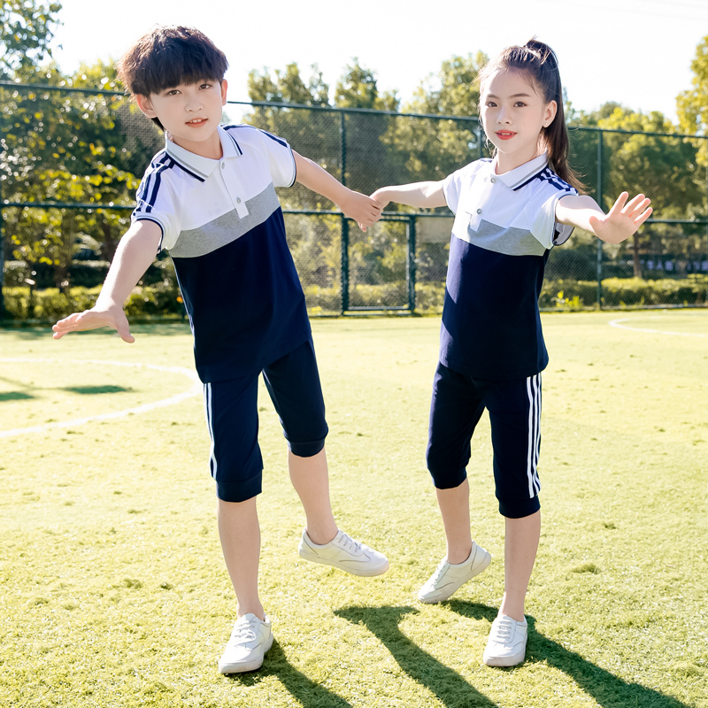 幼儿园夏天园服儿童班服套装夏装运动服纯棉小学生校服短袖藏青色 - 图1