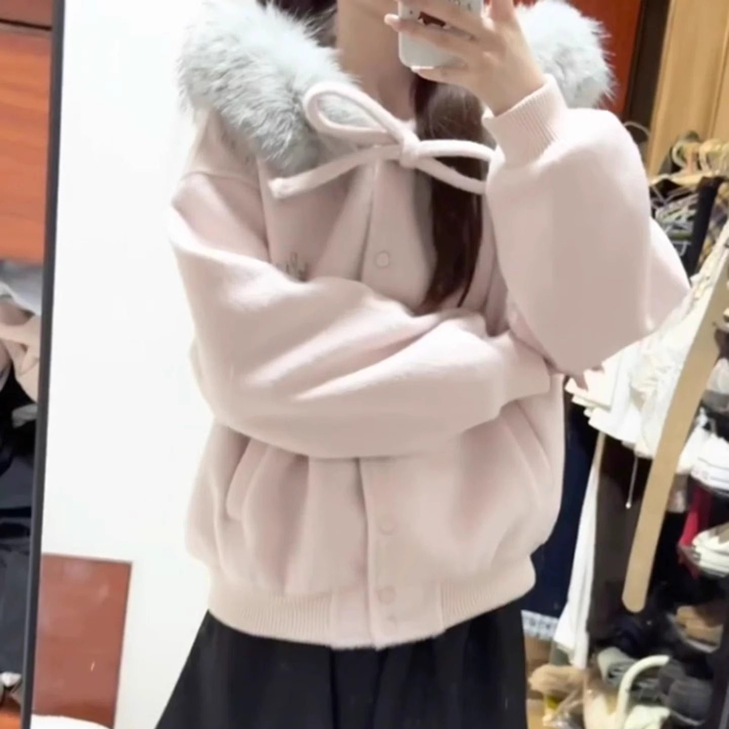 秋冬甜美粉色连帽大毛领毛呢外套女蝴蝶结开衫加绒加厚棒球服上衣,淘宝优惠券,粉丝福利购,淘宝优惠卷