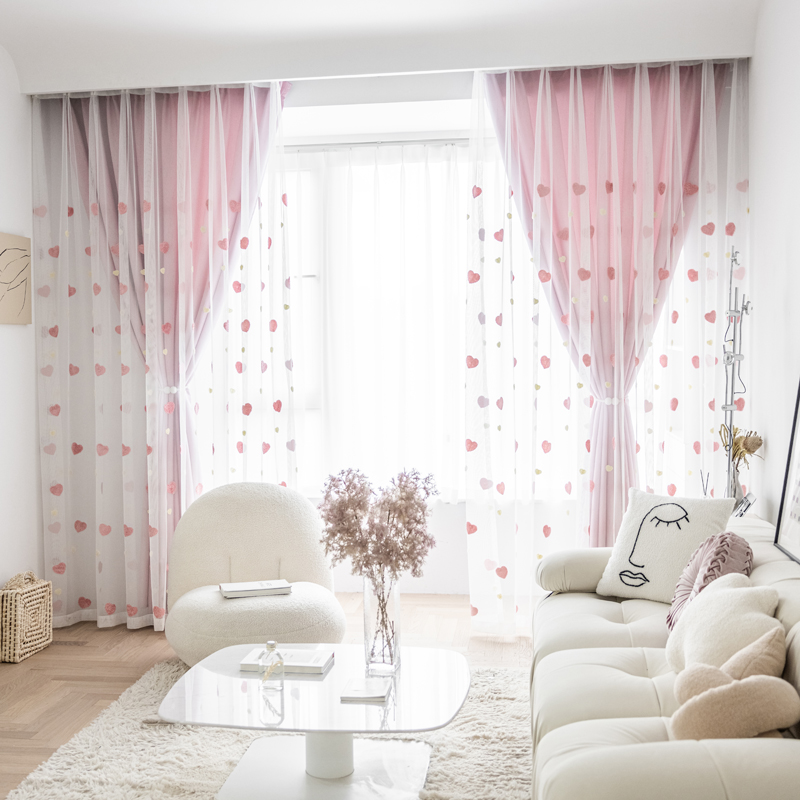 Pink love embroidered gauze curtain high blackout curtain window screen