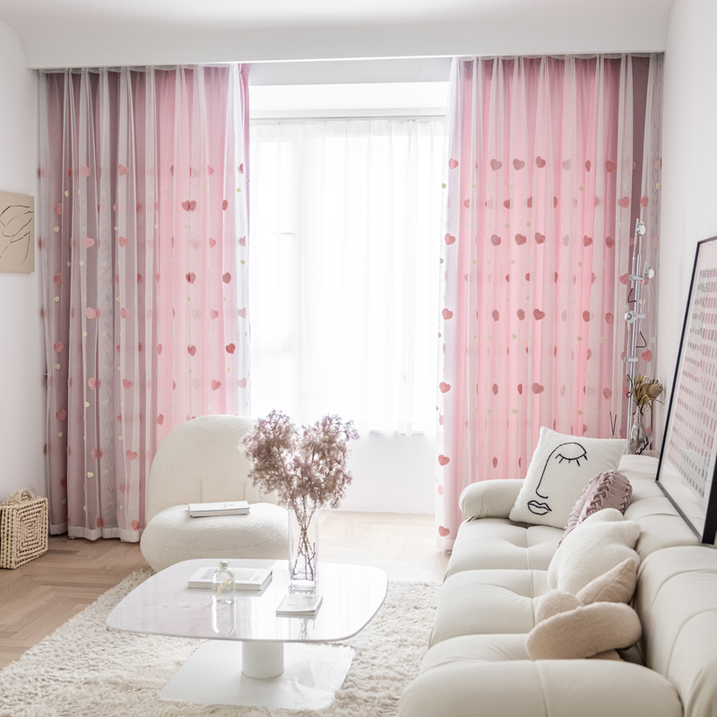 Pink love embroidered gauze curtain high blackout curtain window screen