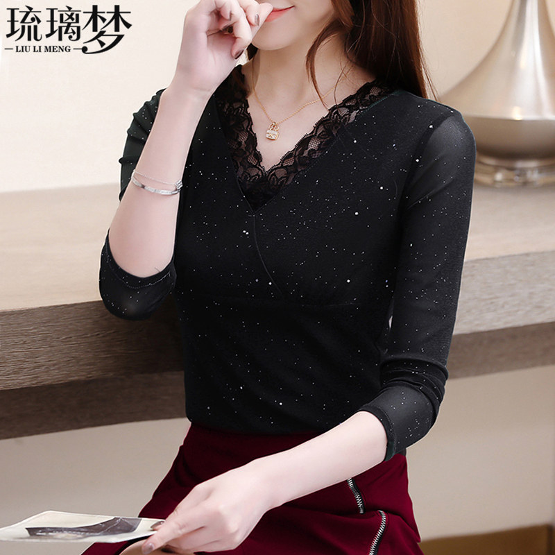 蕾丝女长袖紧身v领网纱秋冬装t恤 琉璃梦T恤