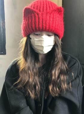 猫耳朵帽子毛线帽红色针