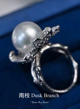 复古珍珠微镶叶子戒指女