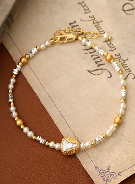 轻奢精致国风宝葫芦手链跨境女小金珠碎银子双色珍珠手串高级感