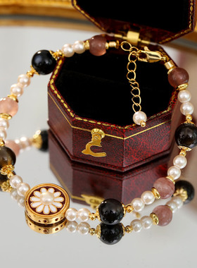 新中式复古小雏菊珐琅滴釉手链天然灰月光石粉水晶满天星手链手串