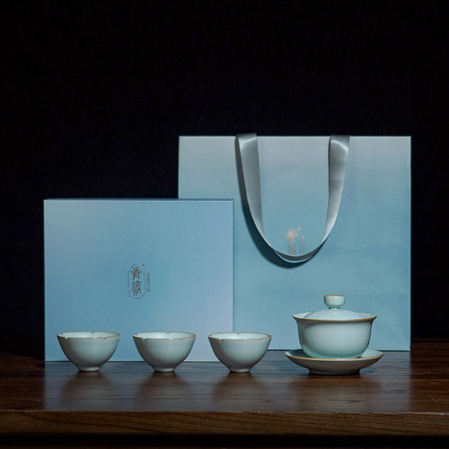 汝窑盖碗茶杯套装礼盒装景德镇汝瓷功夫茶具冰裂开片可养复古青瓷 - 图2