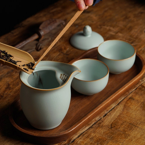 汝窑快客杯旅行茶具套装家用简约便携景德镇陶瓷一壶二杯开片可养 - 图0