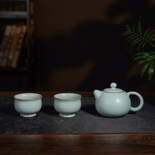 汝窑一壶二杯茶具套装高档送礼景德镇天青色汝瓷功夫茶壶西施元宝 - 图3