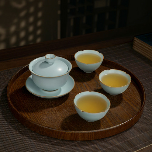 汝窑盖碗茶杯套装礼盒装景德镇汝瓷功夫茶具冰裂开片可养复古青瓷 - 图0