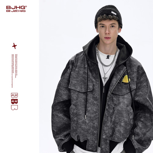 田嘉瑞同款BJHG不计后果美式夹克外套男秋冬新款贴贴假两件皮衣女 - 图0