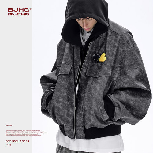 田嘉瑞同款BJHG不计后果美式夹克外套男秋冬新款贴贴假两件皮衣女 - 图1