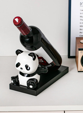 高档熊猫酒架摆件陶瓷轻奢创意带加厚实木底座红酒收纳架家居饰品