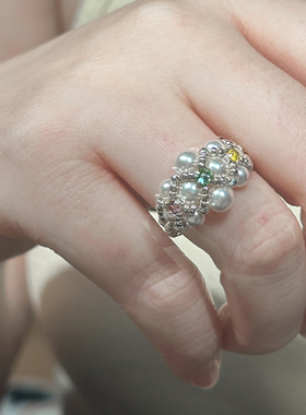 手工定制戒指纯银米珠小众原创设计施家珍珠三色可爱戒指食指编织