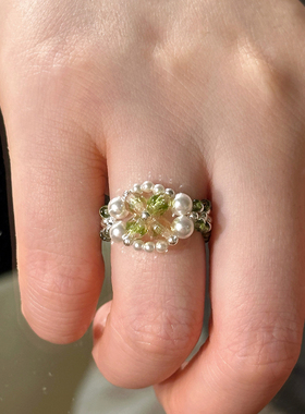 施家珍珠戒指纯银小众设计戒指女轻奢高级感原创手工编织串珠戒指