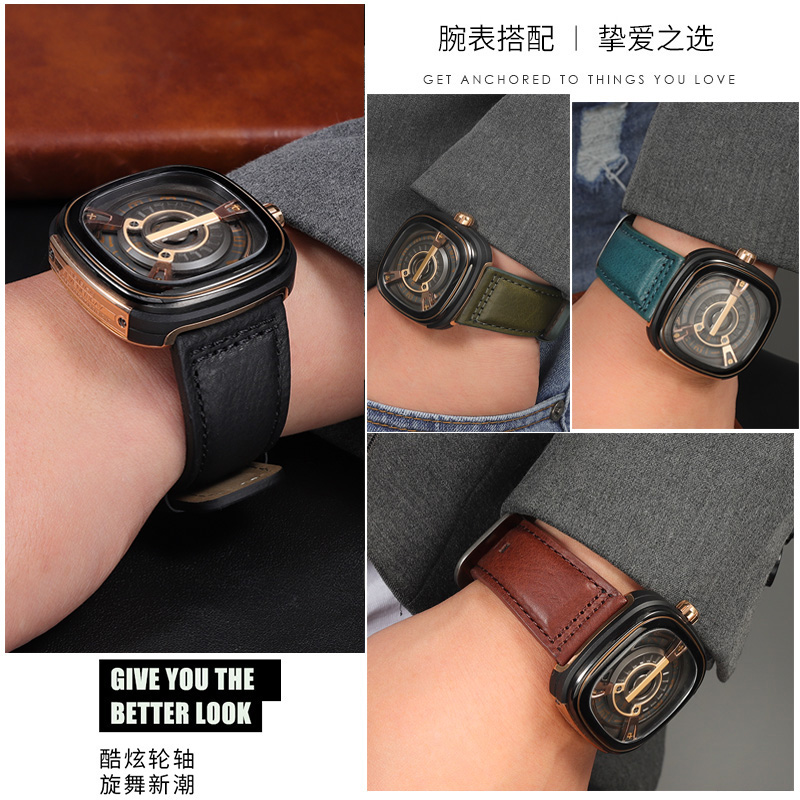 适配sevenfriday七个星期五真皮手表带 男M2/P2/Q2黑色牛皮带28mm - 图3