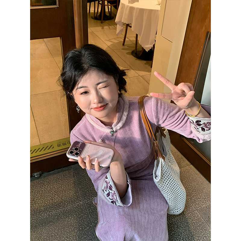 暖暖向紫《星落成糖》复古国风日常旗袍新中式秋冬长袖连衣裙女 - 图2