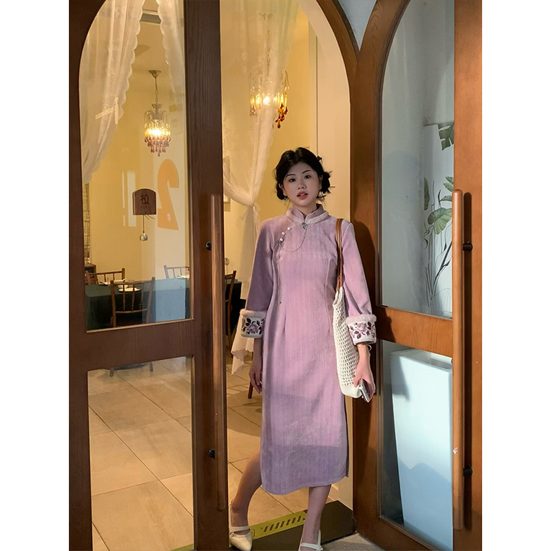 暖暖向紫《星落成糖》复古国风日常旗袍新中式秋冬长袖连衣裙女 - 图1