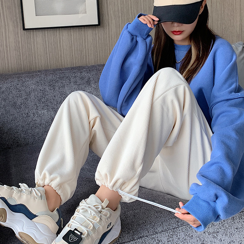 白色雪尼尔秋冬加绒宽松灯芯绒裤子 含柚休闲裤