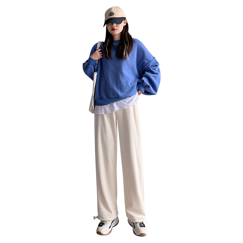 白色雪尼尔秋冬加绒宽松灯芯绒裤子 含柚休闲裤