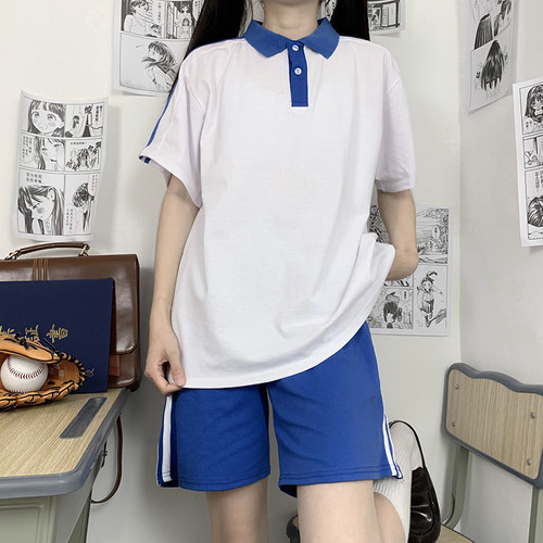 国中校服青春中学生套装初高中班服运动女夏季蓝白色短袖上衣短裤 - 图0