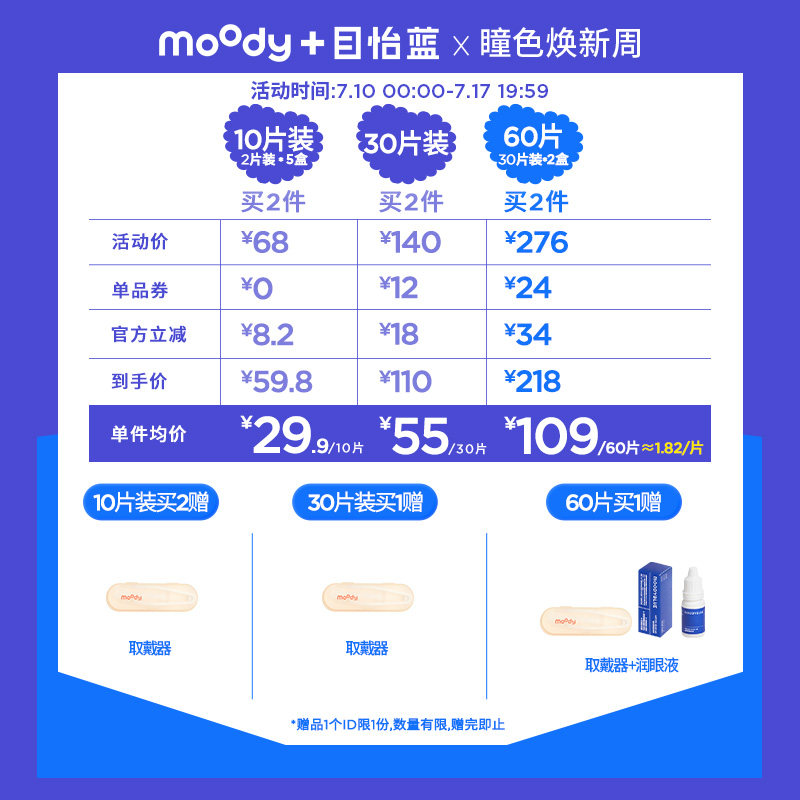 [双11狂欢]MOODYBLUE隐形眼镜日抛B系列透明片近视男女10片