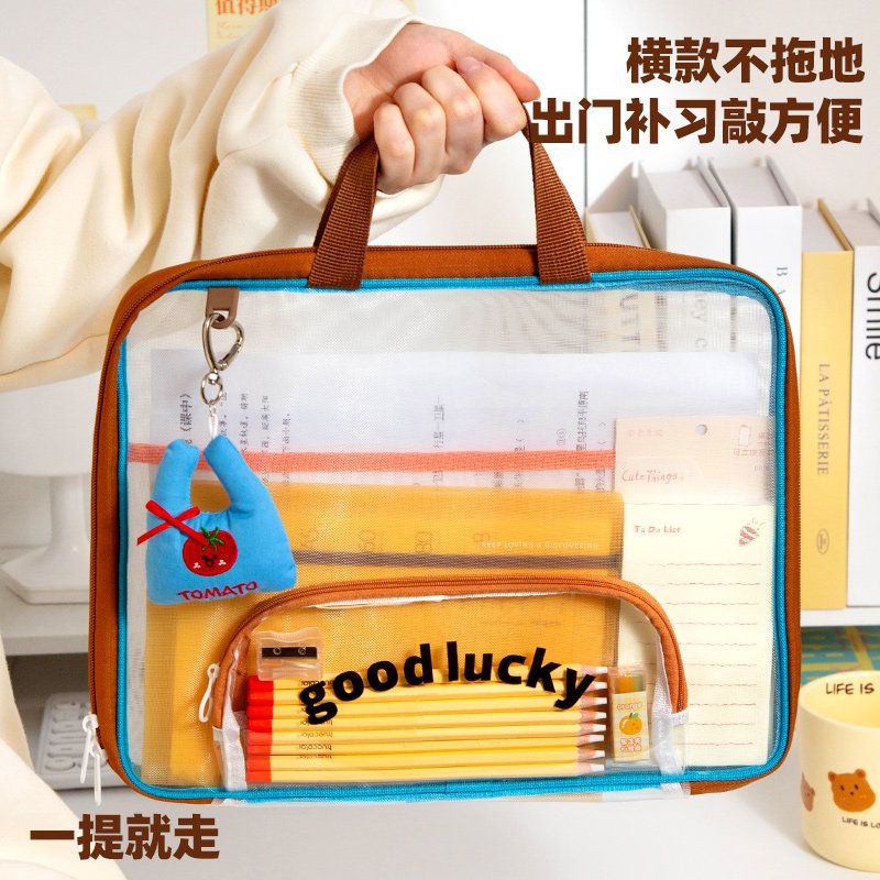 小槑同学 横版手提网纱文件袋小学生拉链式作业袋拎书专用补习手提袋补课透明A4资料书本收纳袋儿童课外袋子,淘宝优惠券,粉丝福利购,淘宝优惠卷
