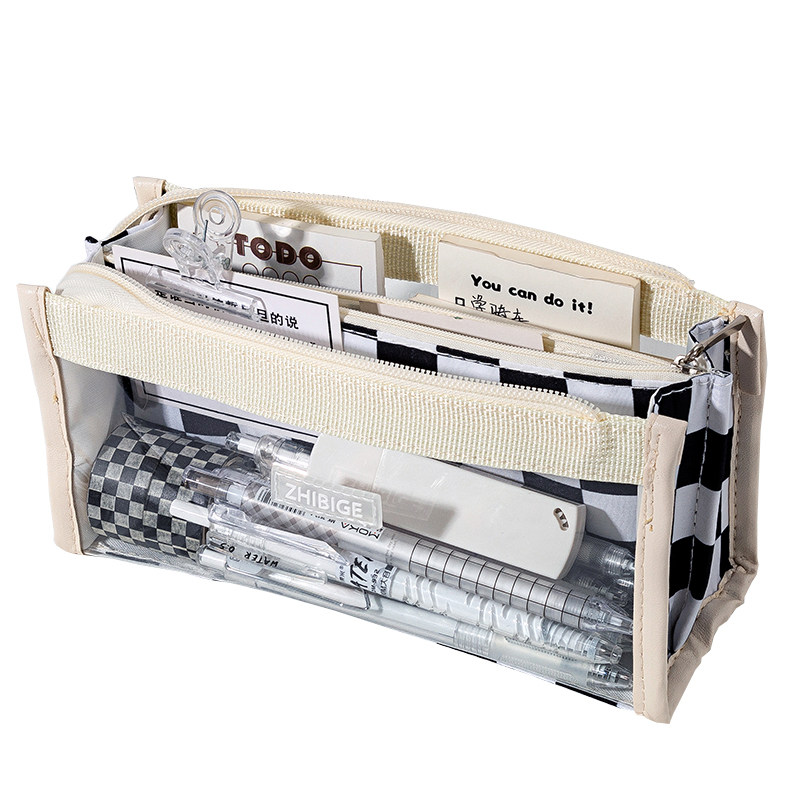 6层大容量透明棋盘格笔袋 女孩版文具盒男孩子2024年新款初中生铅笔盒小学生女生高颜值黑白格子男童简约日系