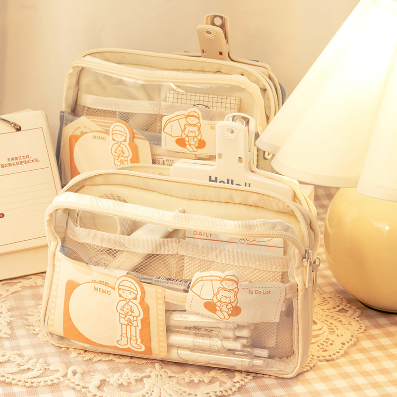 三层大容量透明笔袋女孩版初中生铅笔盒女童小学生高中学生女生高颜值小众2024年新款简约ins风文具盒女款