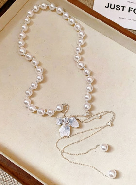 珍珠白色项链颈链女蝴蝶设计款抽拉式项链女一款多戴2026年新款潮