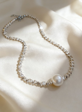 碎银珍珠几何不规则链条项链森系时尚气质锁骨链简约百搭项饰