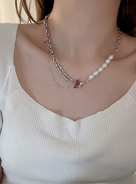 蝴蝶结项链珍珠链子甜酷小众设计感钛钢嘻哈辣妹锁骨链潮