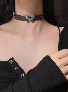 复古蝴蝶皮带辣妹棕色颈环choker颈链项圈朋克颈带锁骨链项链女潮