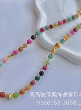 复古彩色仿碧玺多宝项链石头项链特色串珠毛衣链优化天然石青岛