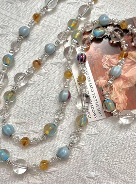 复古项链手链斜挎项链蓝色金箔琉璃配黄水晶蓝陶瓷透明亚克力材料