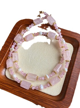 复古异形粉晶石 多切面猫眼石配天然珍珠项链手链套装 锁骨链女生