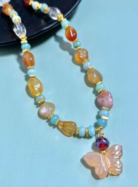 复古天然石玛瑙蝴蝶吊坠项链手链耳钩套装原创手作百搭天然石串珠