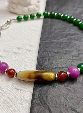 复古绿玛瑙配琉璃10mm圆珠高品质项链 清新优雅气质 新中式国风