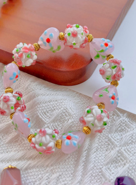 复古穆拉诺粉色花球搭配爱心琉璃项链手串耳钩套装春夏百搭配饰