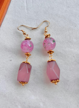 复古春夏粉色蛙皮配多切面半透香芋紫猫眼项链手穿耳饰套装轻奢